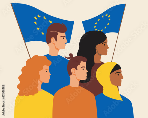 Europeans people with european union flag as concept of patriotism, protests, voting, flat vector stock illustration with EU men, women, islamic migrants