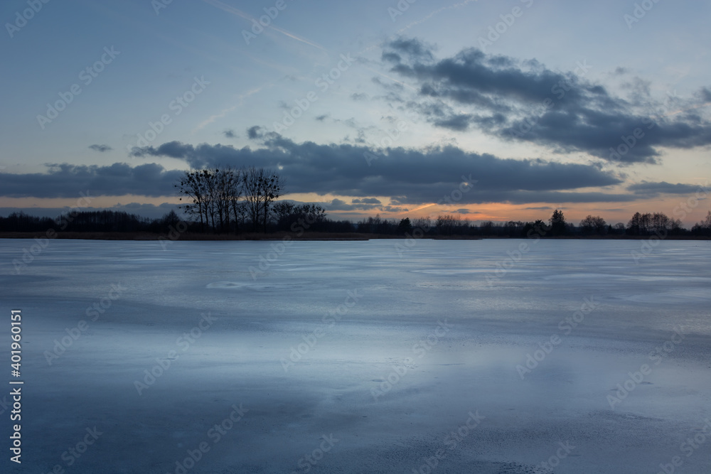 Frozen lake, trees on the horizon and an evening cloud