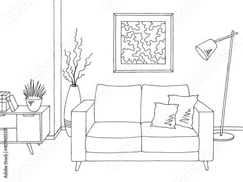 Living room graphic black white home interior sketch illustration vector