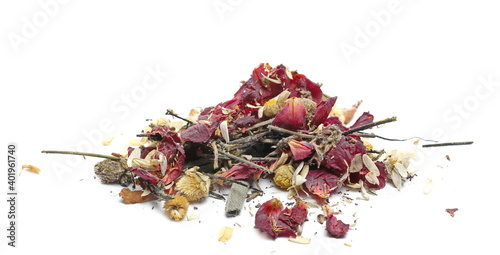 Foto Dried red and yellow colorful field flowers isolated on white background