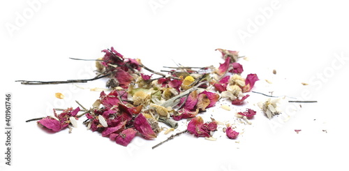 Schilderij op canvas Dried red and yellow colorful field flowers isolated on white background
