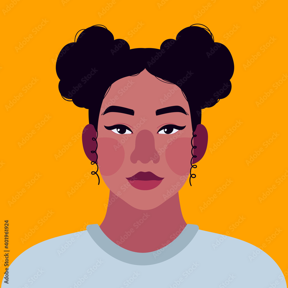 Portrait of a modern teenager or student. Happy girl in casual clothes. Social network profile avatar. Vector flat illustration. Full face view. Close-up of a woman. Beautiful young adult. Portrait of a modern teenager or student. Happy girl in casual clothes. Social network profile avatar. Vector flat illustration. Full face view. Close-up of a woman. Beautiful young adult.