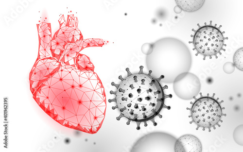 Heart disease associated with coronavirus stats. Infection pneumonia hazard outbreak. 3D point low poly. Heart break vascular blood system. Against virus epidemic vector illustration