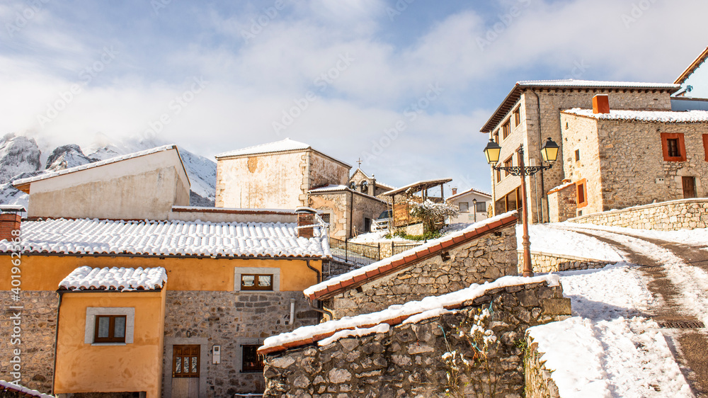 Small village in a snowy mountain, Picos de Europa Small village in a snowy mountain, Picos de Europa