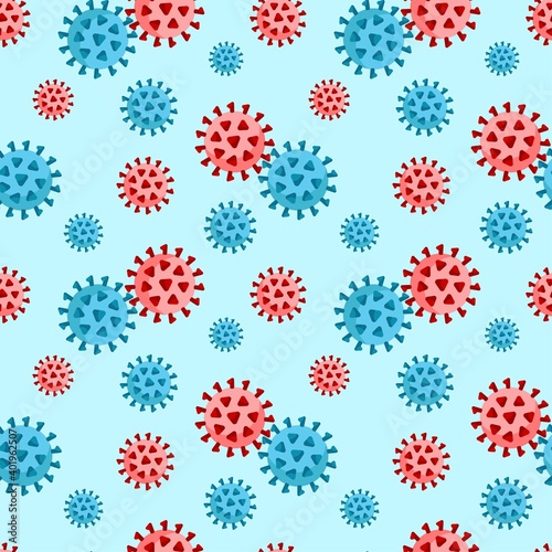 Seamless pattern Virus cell mutations process vector illustration isolated on blue background. New virus mutation of coronavirus, hantavirus,  pandemic. Design for textile, wrapping, wallpaper
