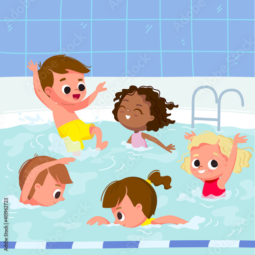 Kids toddlers learn how to swim on swimming lesson course in pool aquatics centre.Children in aqua park swimming pool swim,dive and jump,having fun water splashing.Early physical development activity.