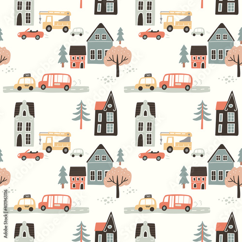 Cartoon childish town city print.Vector childish doodle style seamless picture pattern with city town symbols,cars,houses,buildings,trees,streets.City easy simple building drawing map, infrasturcture. photo