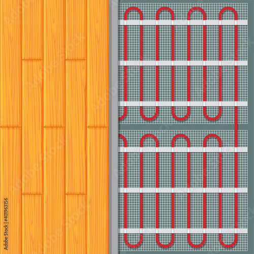 Vector illustration underfloor heating system. Realistic floor heating system under laminate in flat cartoon style. Top view layers of floor heating.