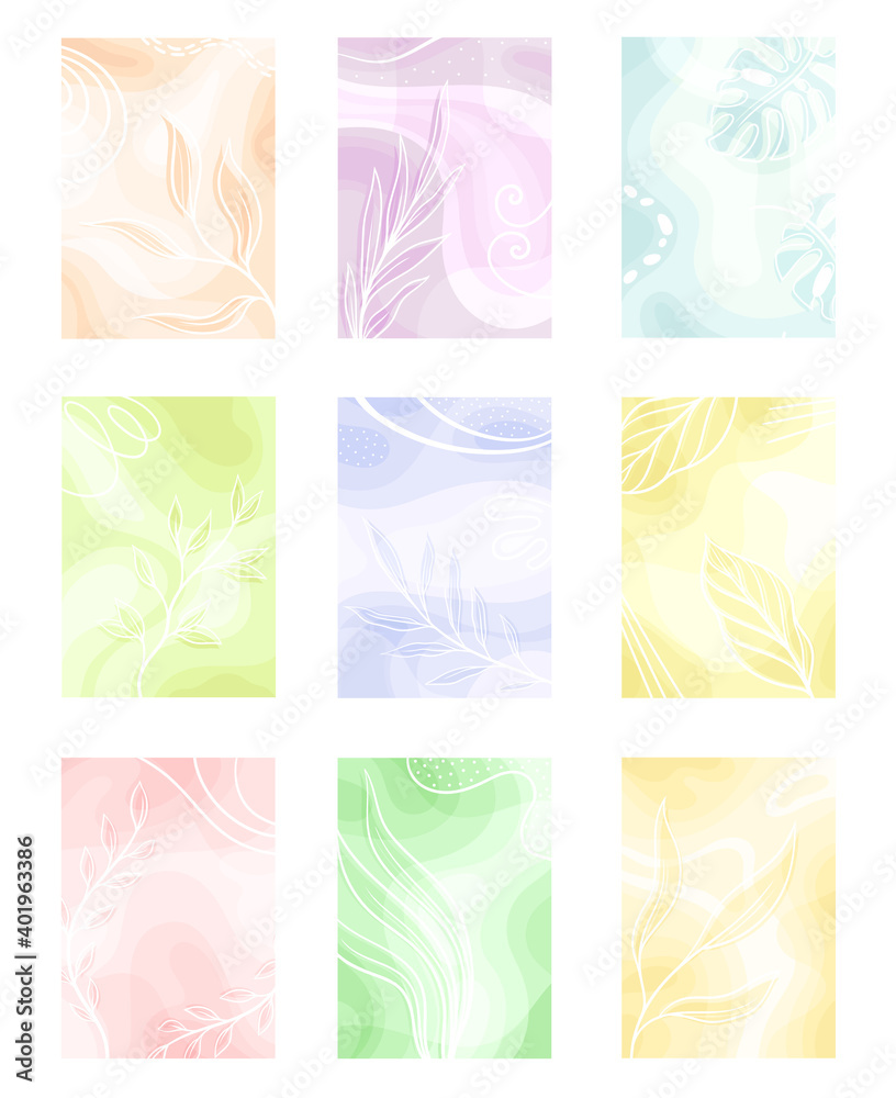 Abstract Cards with Foliage Shapes and Fluid Backdrop Vector Set