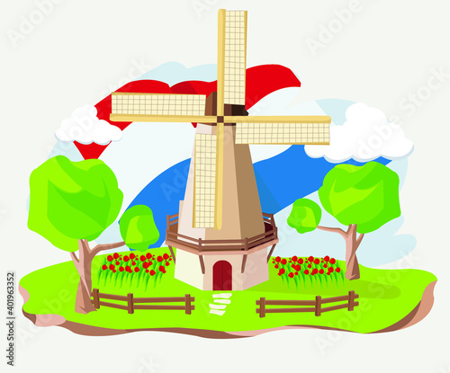 Landscape  tulips and windmills, landmark Netherlands.