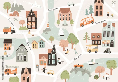 Obraz Cartoon childish town city print.Vector childish doodle style seamless picture pattern with city town symbols,cars,houses,buildings,trees,streets.City easy simple building drawing map, infrasturcture.