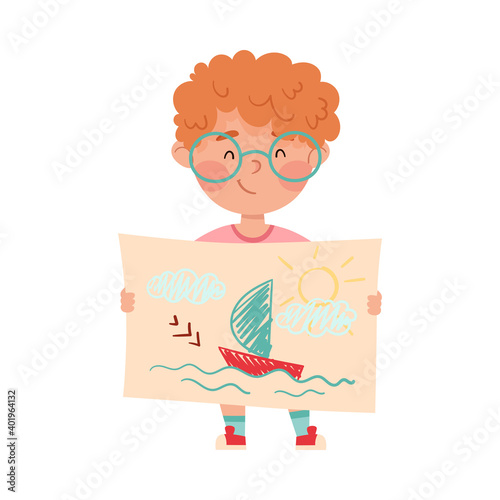 Happy Boy Artist Showing Paper with Ship Drawing Vector Illustration