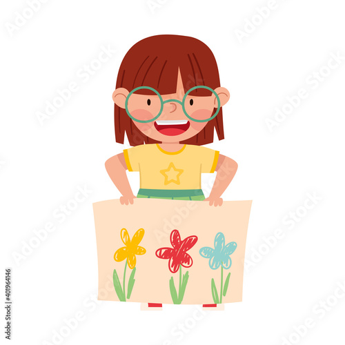 Happy Girl Artist Showing Paper with Flower Drawing Vector Illustration