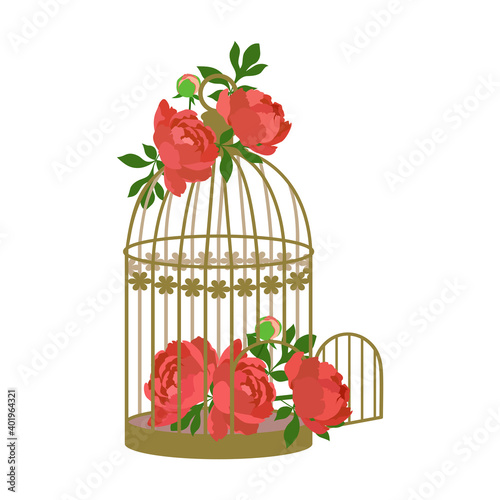 Golden bird cage with peonies flowers on a white isolated background.