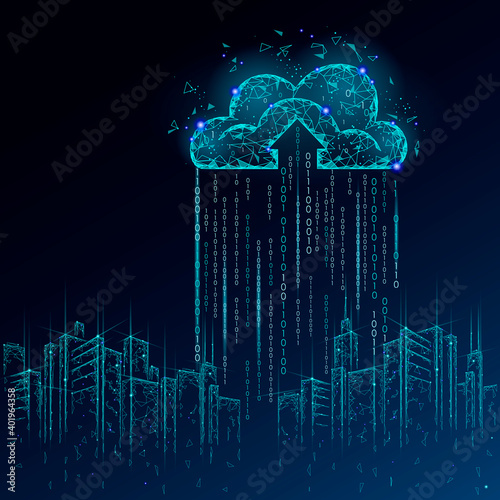 Smart city 3D light cloud computing cityscape. Intelligent building big data exchange storage online futuristic business concept future technology. Urban banner vector illustration