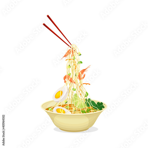 Asian Broth or Soup in Bowl with Chopsticks Holding Noodles Vector Illustration