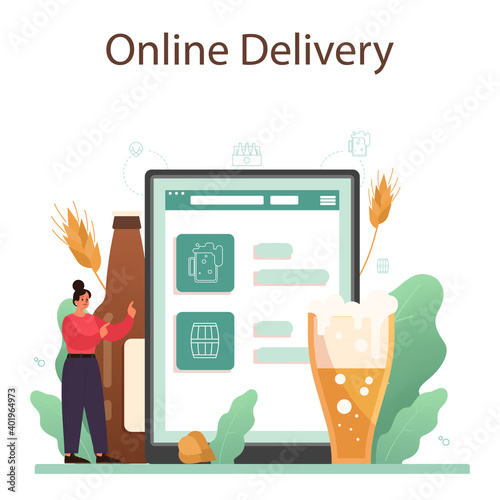 Beer online service or platform. Glass bottle and vintage mug