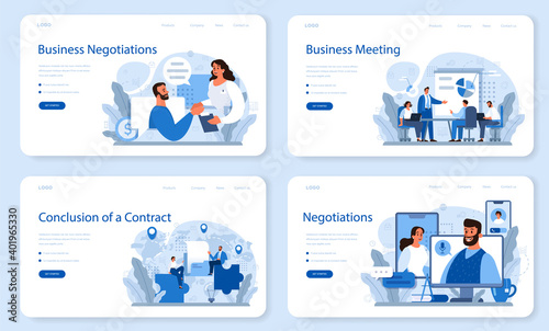 Business negotiations web banner or landing page set. Business planning