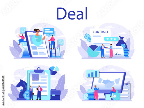 Deal concept set. Official contract and business handshake.