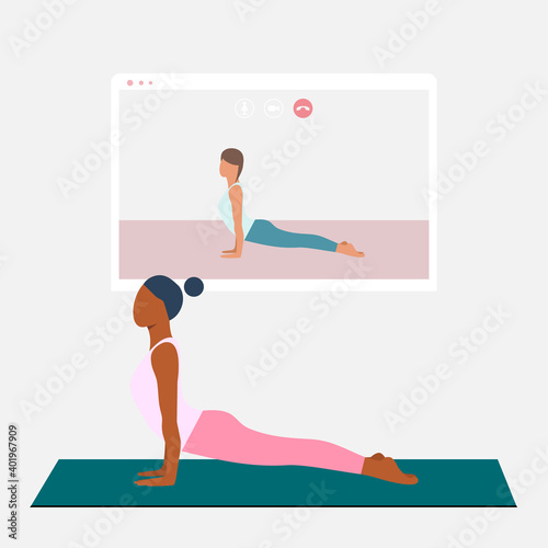A young black woman standing in Cobra Pose and watching online yoga practice on TV or projector. Stay home concept. Home activity during quarantine. Online courses, education. Eps 10.