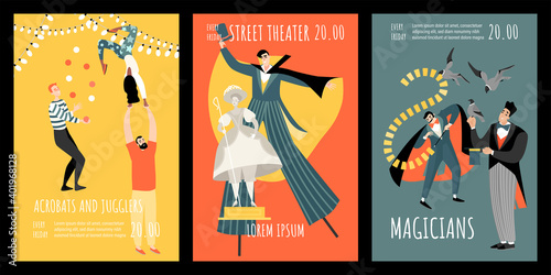 Set of vector invitation banners for acrobats, magicians and street theater performances.