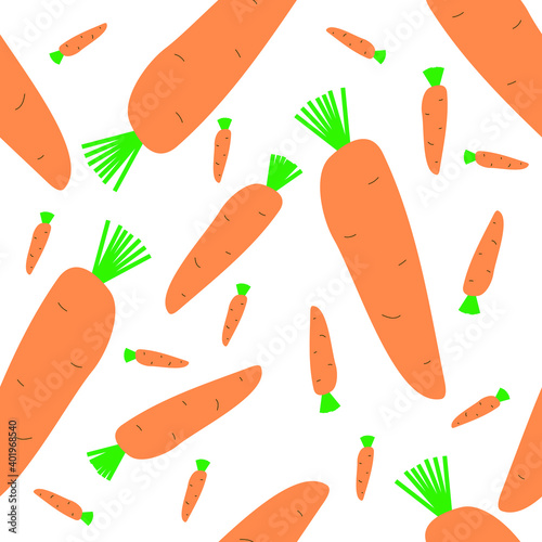 Ripe carrots scattered on white. Seamless pattern. Simple and flat hand drawn design. Suits for wrapping, packaging, boxing. Great as background, banner or fabric.