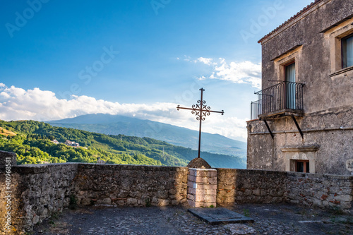 Принти на полотні Mount Etna from Lauria Castle in Castiglione di Sicilia, Italy