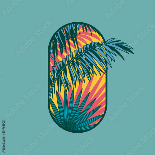 Tropical logo. Spa hotel emblem. Palm leaves and tropical flowers into rounded frame.