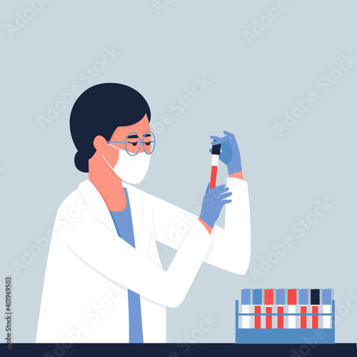 The medic examines the contents of the test tube. A laboratory assistant wearing a mask and gloves is conducting research. Flat vector illustration.
