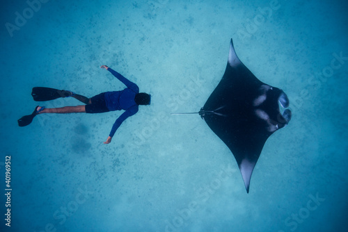 Fotografia Manta ray with diver snorkeler Hanifaru Maldives
