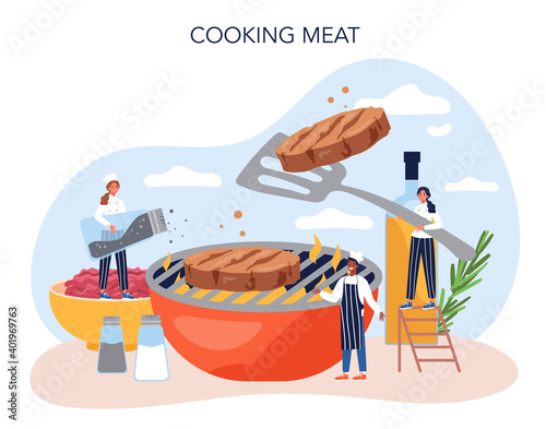 Fast food, burger house concept. Chef cook tasty hamburger