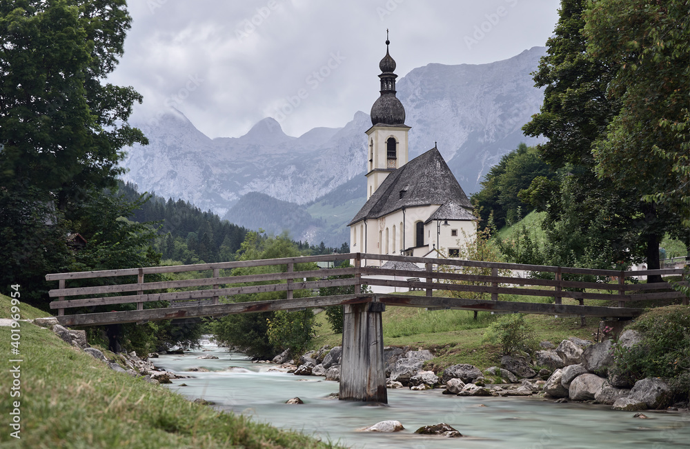 Parish Church of St. Sebastian and mountain landscape, Ramsau, Bavaria, Germany
