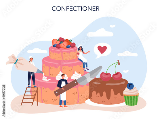 Confectioner. Professional confectioner chef. Sweet baker cooking pie