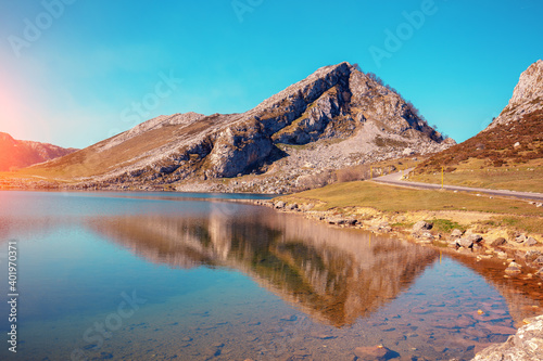 Beautiful mountain landscape. Peaks of Europe  Picos de Europa  National Park. A glacial Lake Enol. Asturias  Spain  Europe