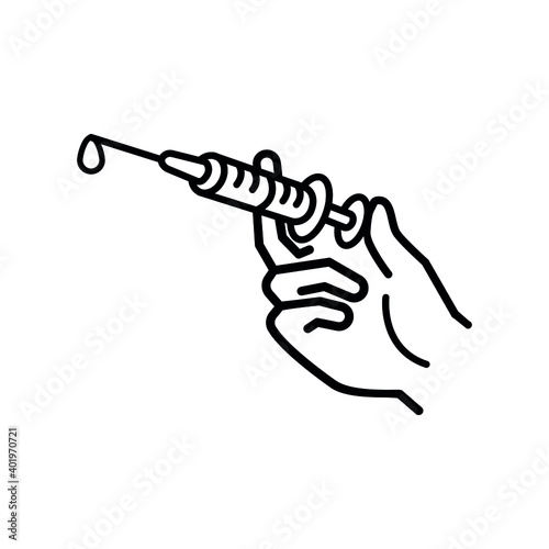 Vaccination linear icon. Syringe with vial. Common cold prevention. Immunization shot. Medication and pharmacy. Thin line illustration. Contour symbol. Vector isolated outline drawing. Editable stroke