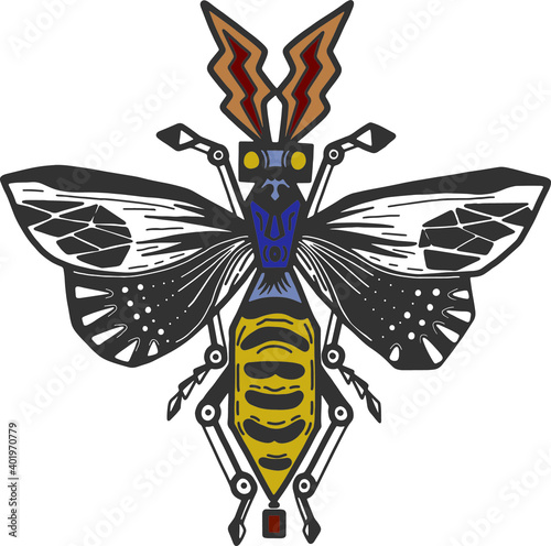Unstrictly symmetric honeybee vector illustration. Hand drawn sketch style. 