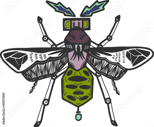 Unstrictly symmetric honeybee vector illustration. Hand drawn sketch style. 