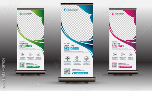 Blue, Red & Green Corporate Roll Up Banner, Standee Template Design