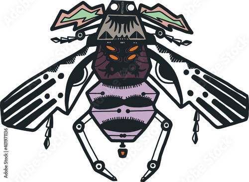 Unstrictly symmetric honeybee vector illustration. Hand drawn sketch style. 