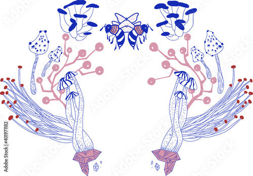 Unstrictly symmetric honeybee and mushroom vector illustration. Hand drawn sketch style. 
