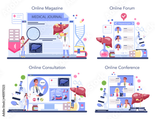 Hepatologist online service or platform set. Doctor make ultrasound