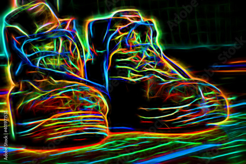 Old working bots close up. Illustration of shoes with neon treatment. Worn-out uniform shoes with laces