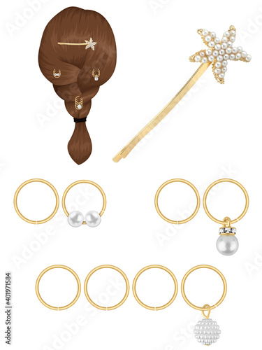 Woman golden hair rings and pins with pearls, isolated on white background, clipping paths included