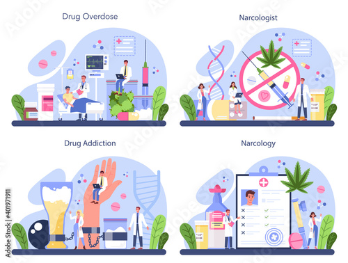 Narcologist concept set. Professional medical specialist. Drug addiction