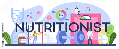 Nutritionist typographic header. Nutrition therapy with healthy food