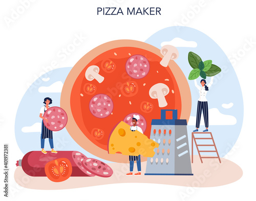 Pizza maker concept. Chef cooking tasty delicious pizza.