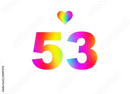 53rd birthday card illustration with multicolored numbers isolated in white background.