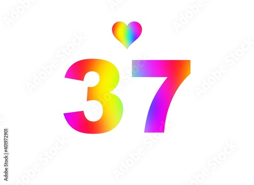 37th birthday card illustration with multicolored numbers isolated in white background.