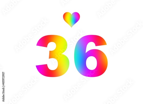 36th birthday card illustration with multicolored numbers isolated in white background.