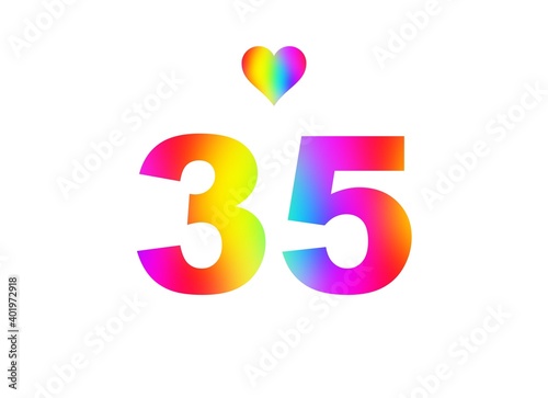 35th birthday card illustration with multicolored numbers isolated in white background.